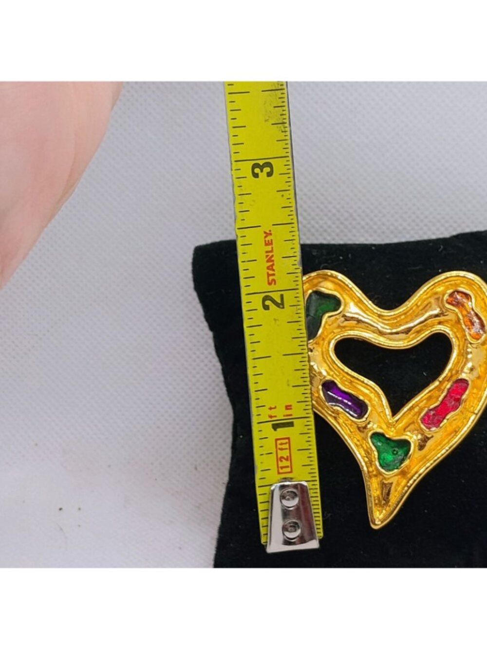 1980s Edouard Rambaud Paris Gold Plate Gripoix Glass Heart Brooch Pin Runway - Picture 3 of 6